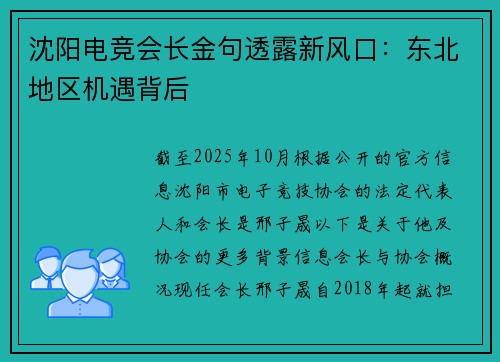 沈阳电竞会长金句透露新风口：东北地区机遇背后